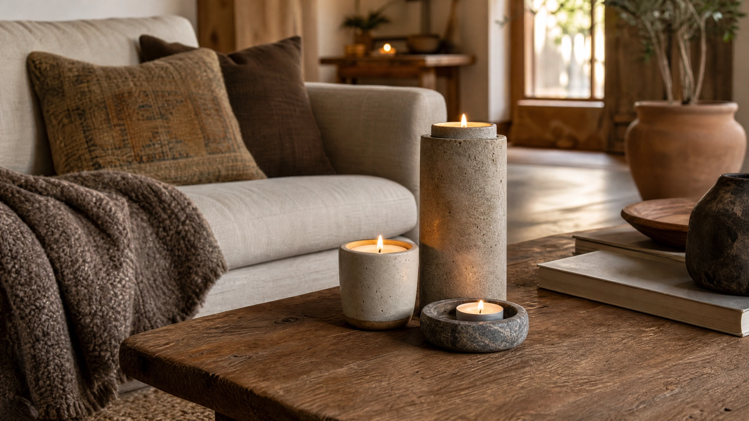 Stone and concrete candle grouping on a rustic wood coffee table in a cozy earthy living room.