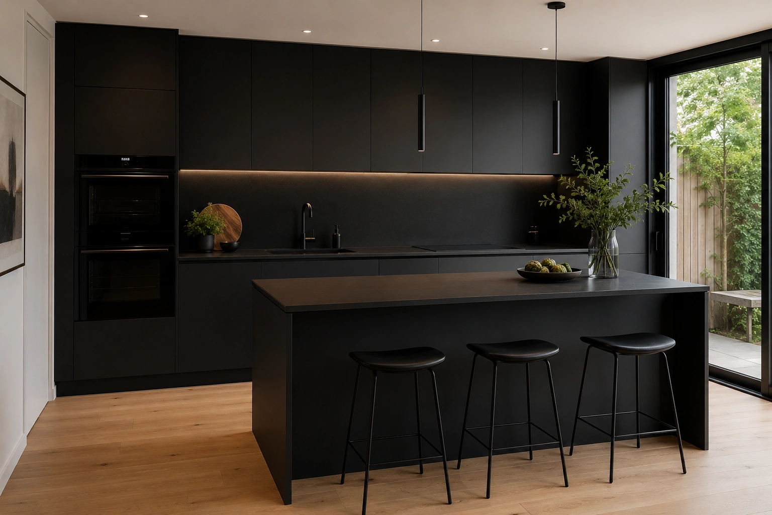 Streamlined matte black slab-front kitchen cabinets with black island, stools and warm wood flooring