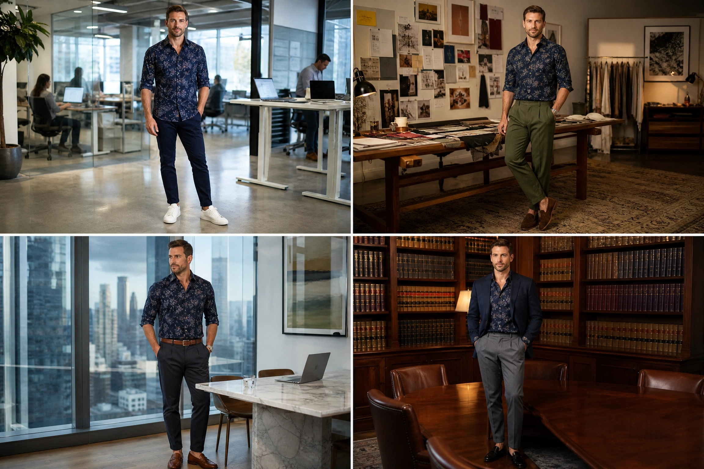 Four-panel comparison of a navy floral shirt styled for tech, creative, finance, and law workplaces.