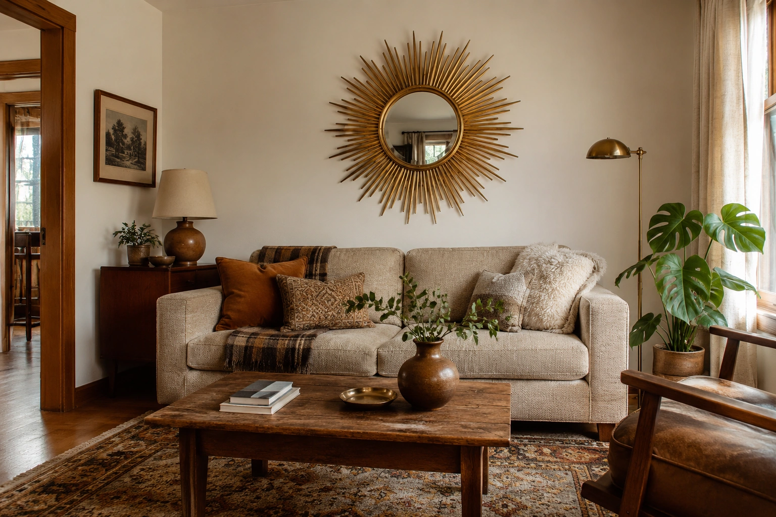 Sunburst mirror mounted above a beige sofa in a warm vintage-style living room with wood accents and plants.