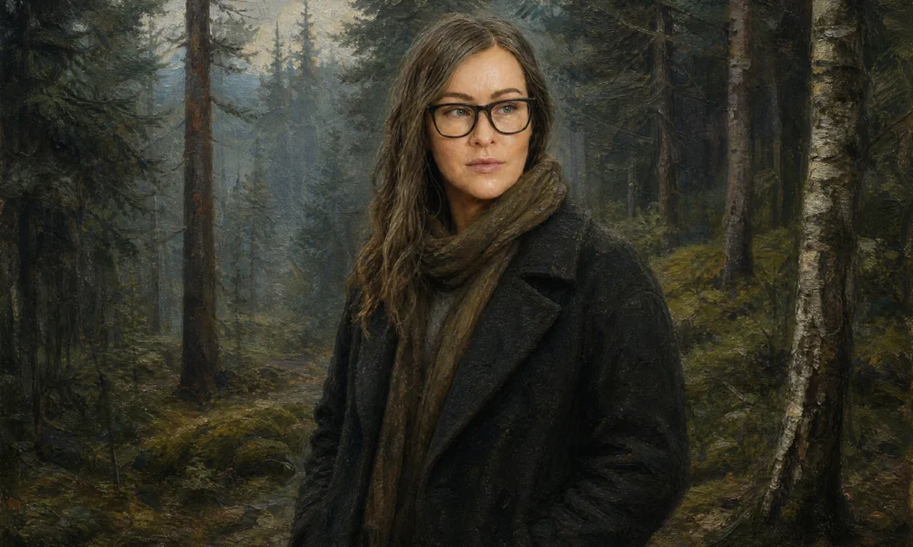 Susanne Johansson portrait in a dark Nordic forest oil painting style