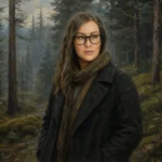Susanne Johansson portrait in a dark Nordic forest oil painting style