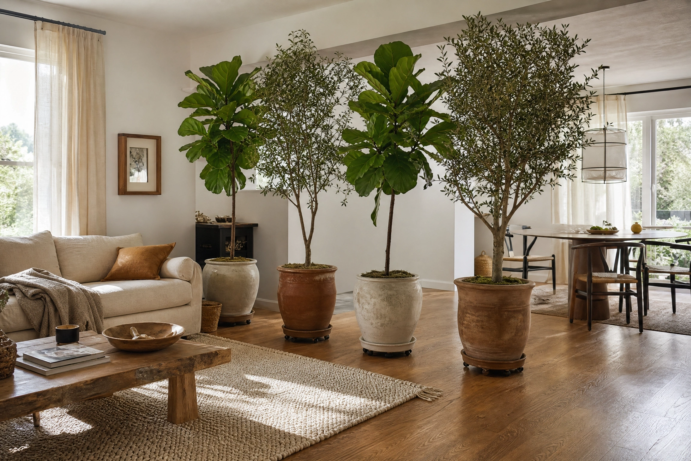Tall potted indoor trees create a natural divider between living and dining areas.