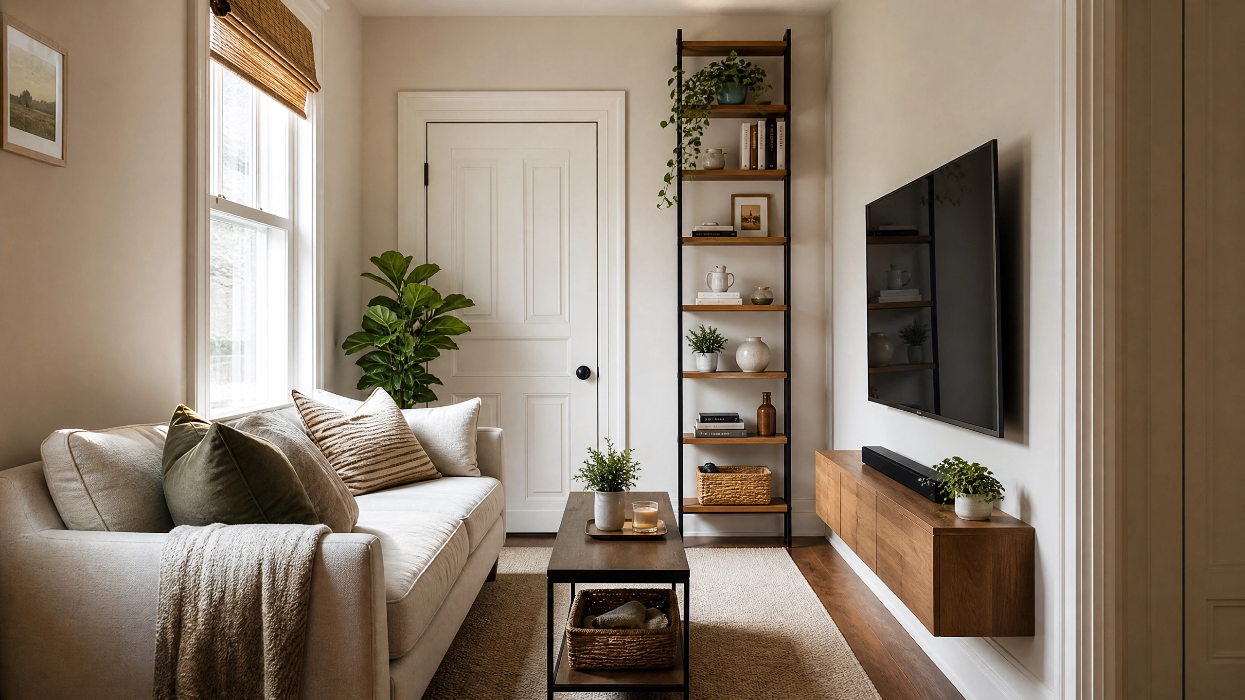 Tall narrow shelving unit beside a wall-mounted TV in a small living room.