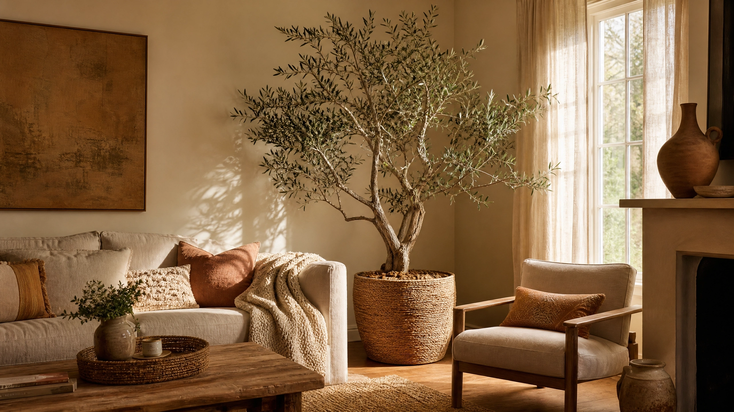 Cozy earthy living room with tall olive tree, cream sofa, woven planter, and warm natural light