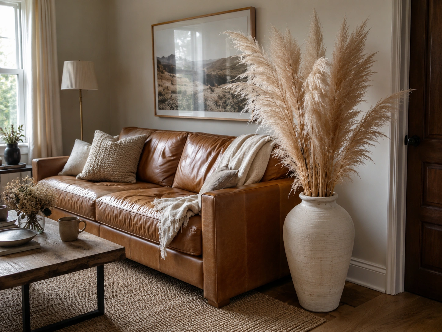 Tall dried pampas grass in a white vase beside a brown leather couch in a cozy neutral living room.