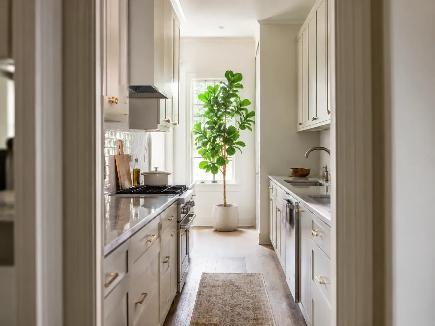 Tall potted plant at the bright end of a cream galley kitchen with brass hardware and a narrow runner.