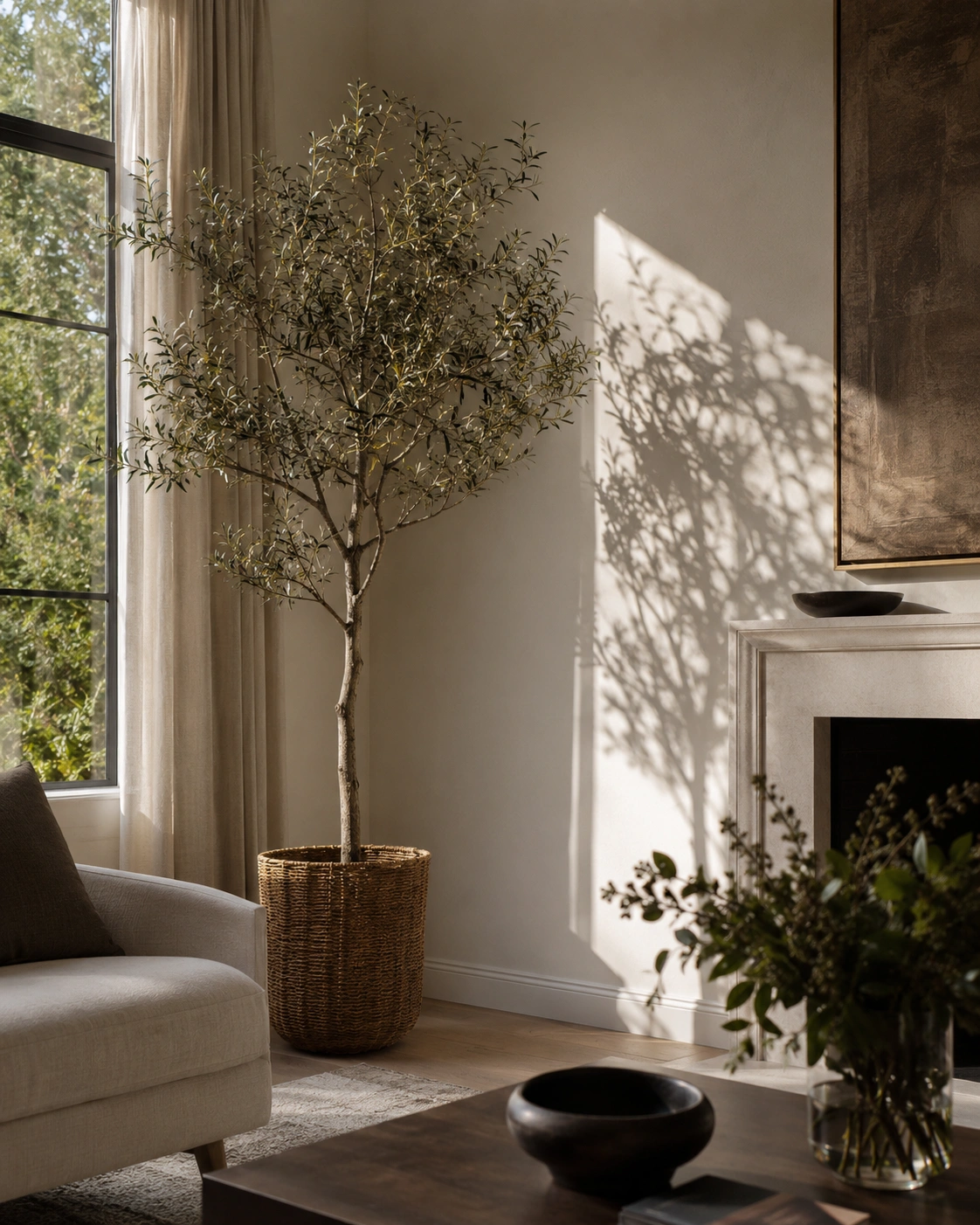 Tall sculptural indoor olive tree in a woven basket beside a window in a warm modern living room.