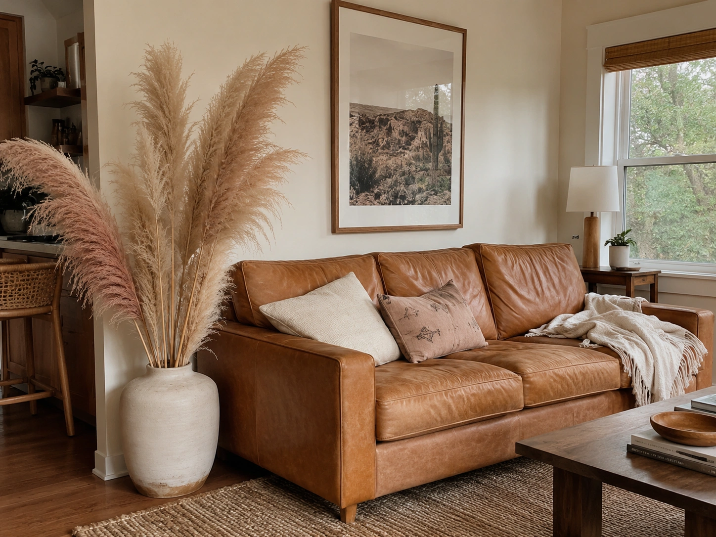 Tall ceramic vase of dried pampas grass beside a brown leather couch in a cozy neutral living room.