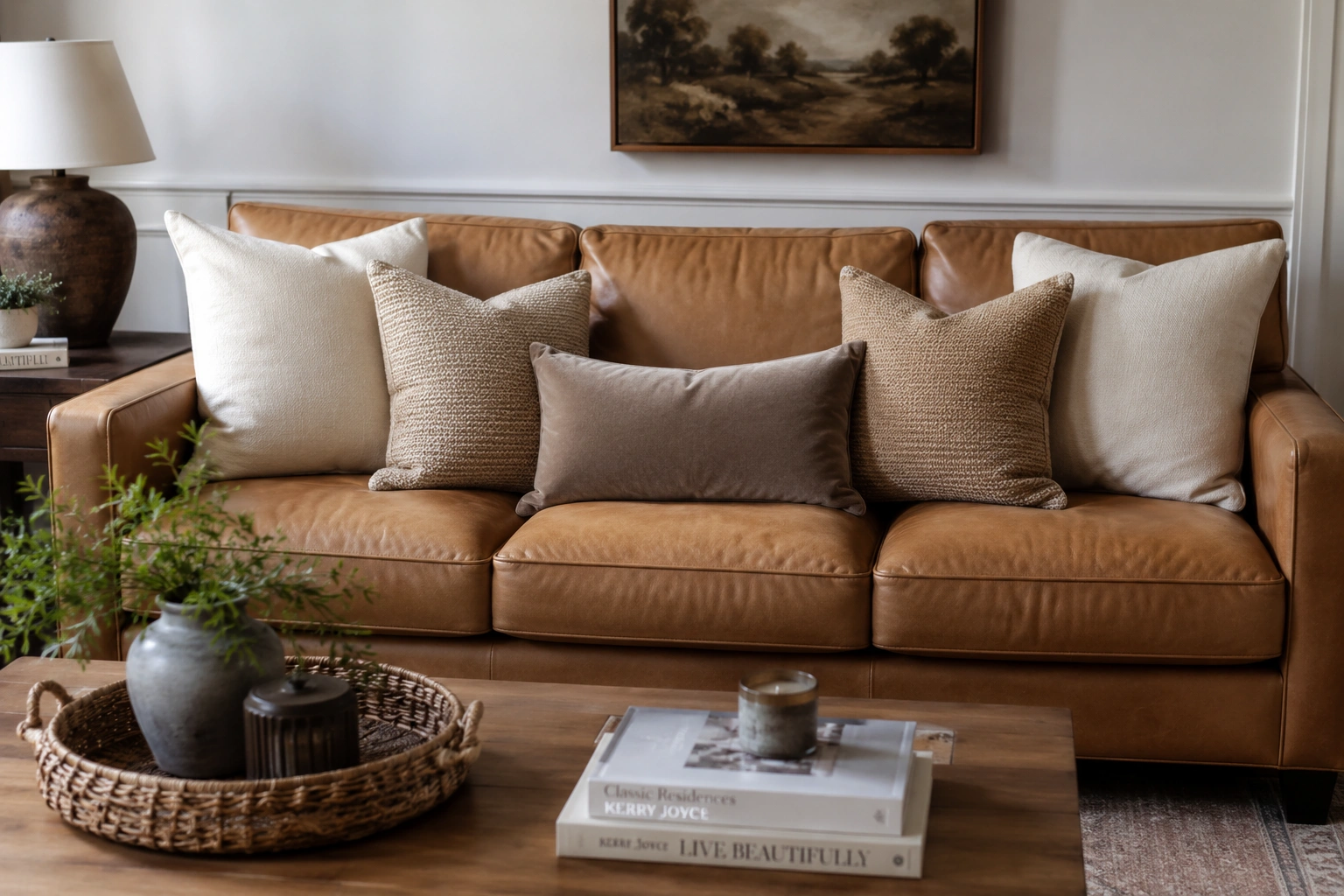 Tan leather sofa on a bold black and white geometric rug in a warm modern living room.