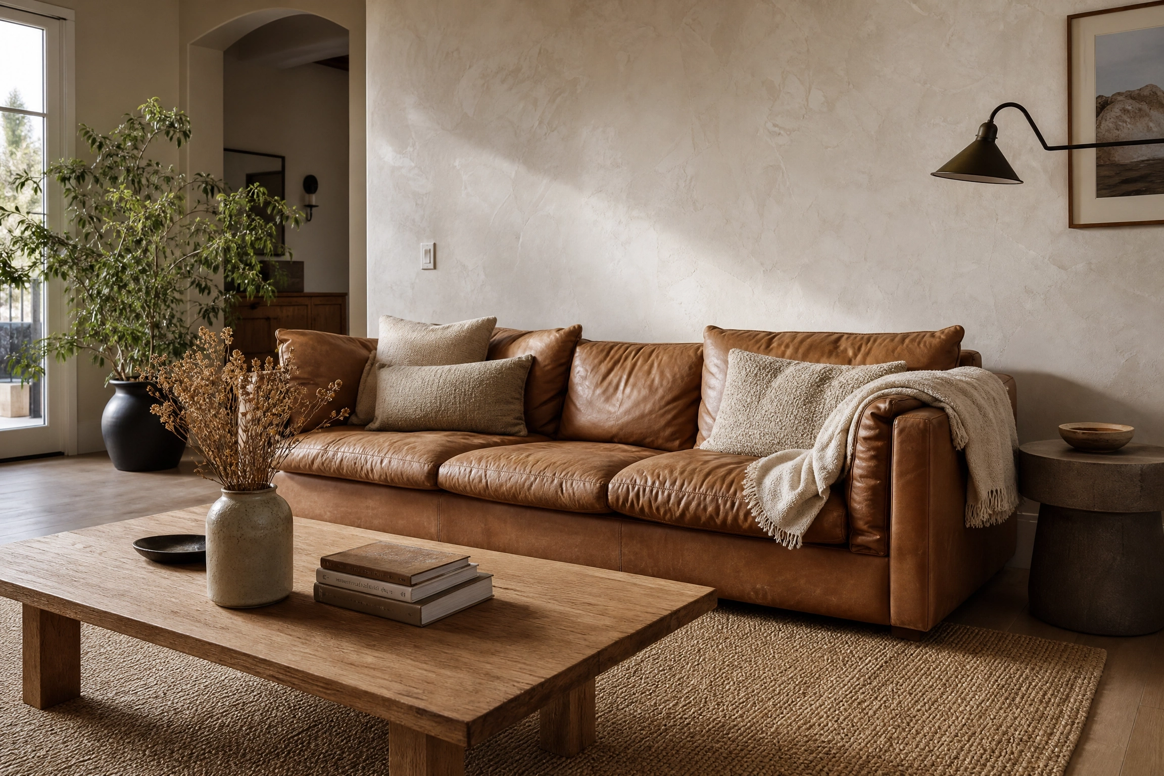 Tan leather couch backed by a white limewash plaster accent wall in a warm neutral living room.