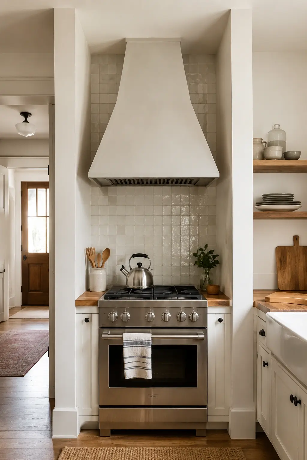 Tapered white range hood over a stainless stove in a warm neutral kitchen with zellige tile and wood counters.