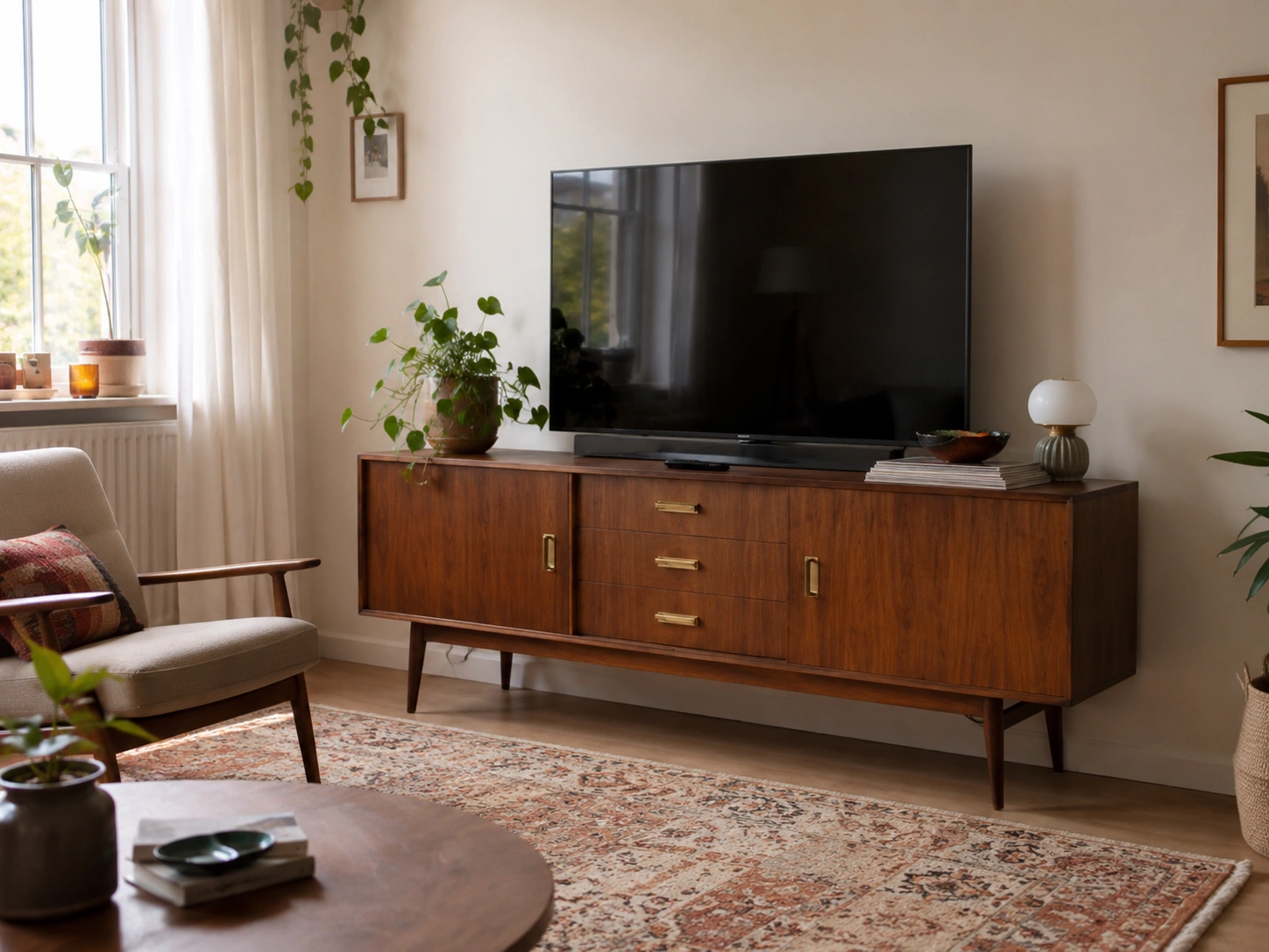 Teak or walnut sideboard styled as a media console in a warm living room with plants and vintage decor.