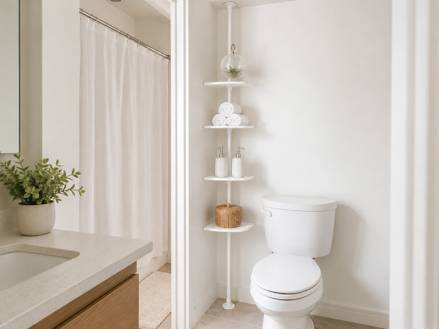 White tension pole shelf tower beside a toilet with towels, dispensers, basket, and air plant in a small bathroom.