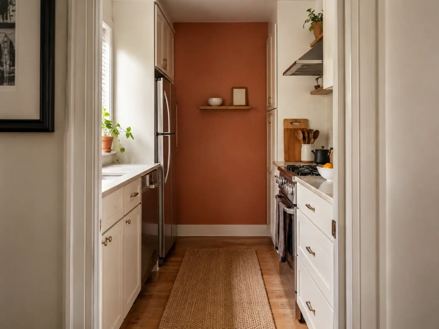 Small galley kitchen with a terracotta end wall, white cabinets, wood floor, and jute runner.