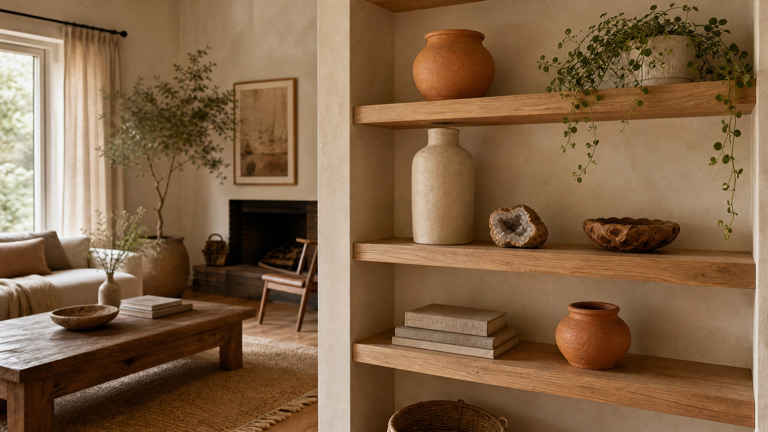 Terracotta pots and ceramic vases styled on oak shelves in a warm earthy living room.
