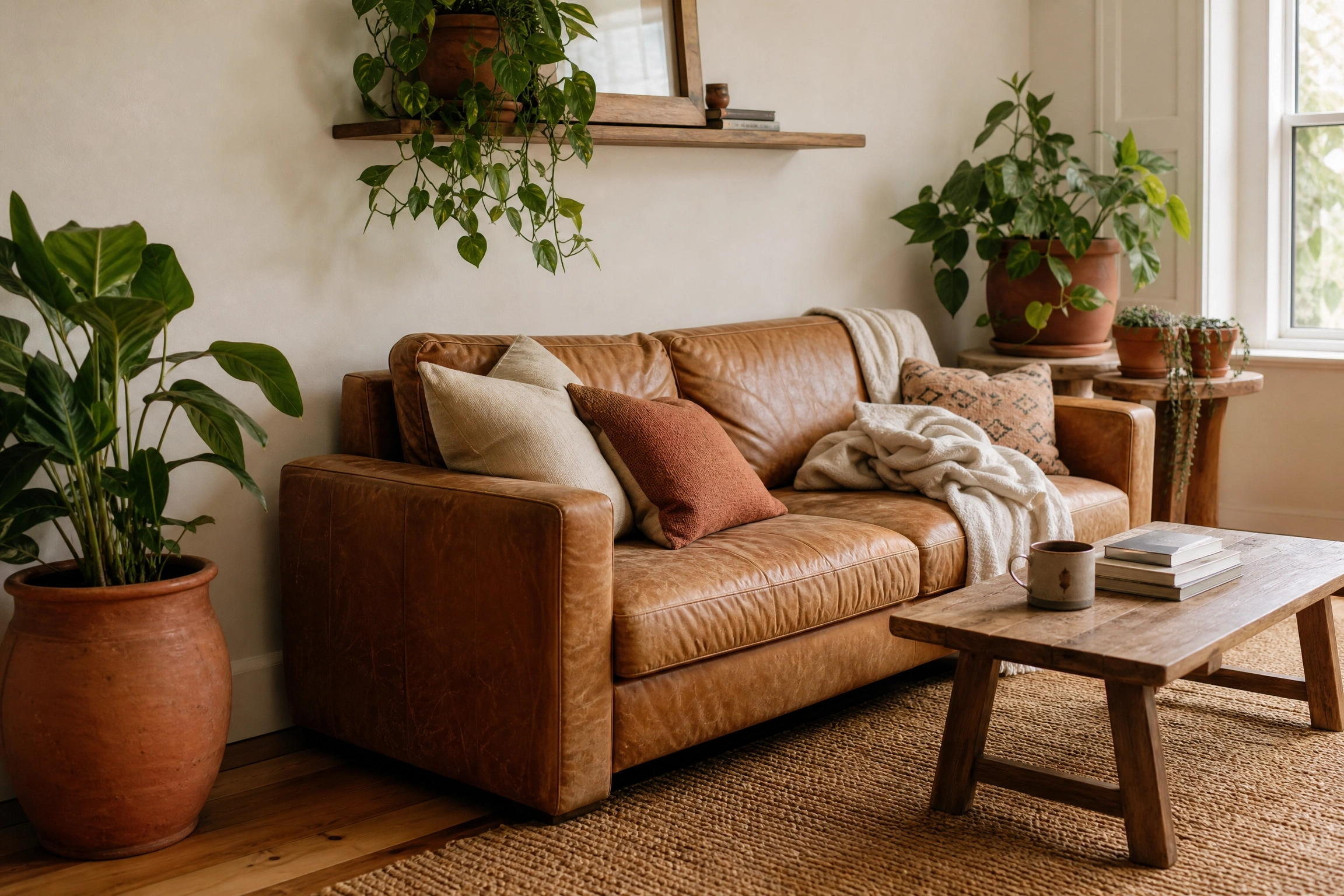 Tan leather couch with terracotta pots and trailing plants in a warm living room