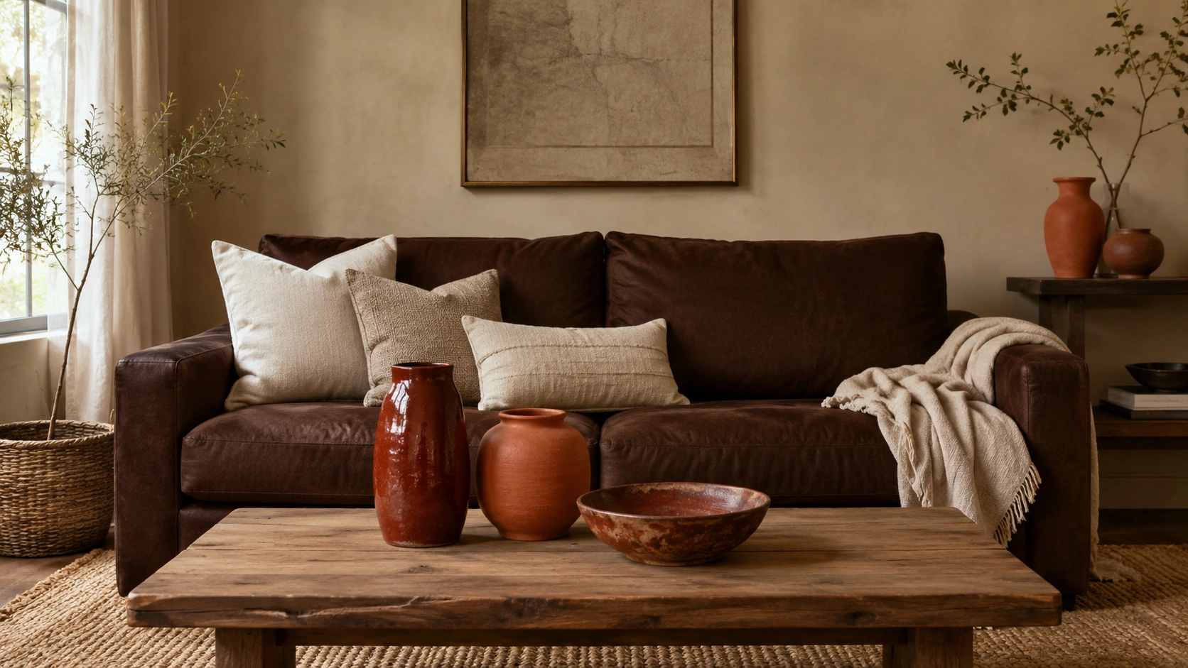 Chocolate brown sofa styled with terracotta and rust ceramic accessories on a wooden coffee table.