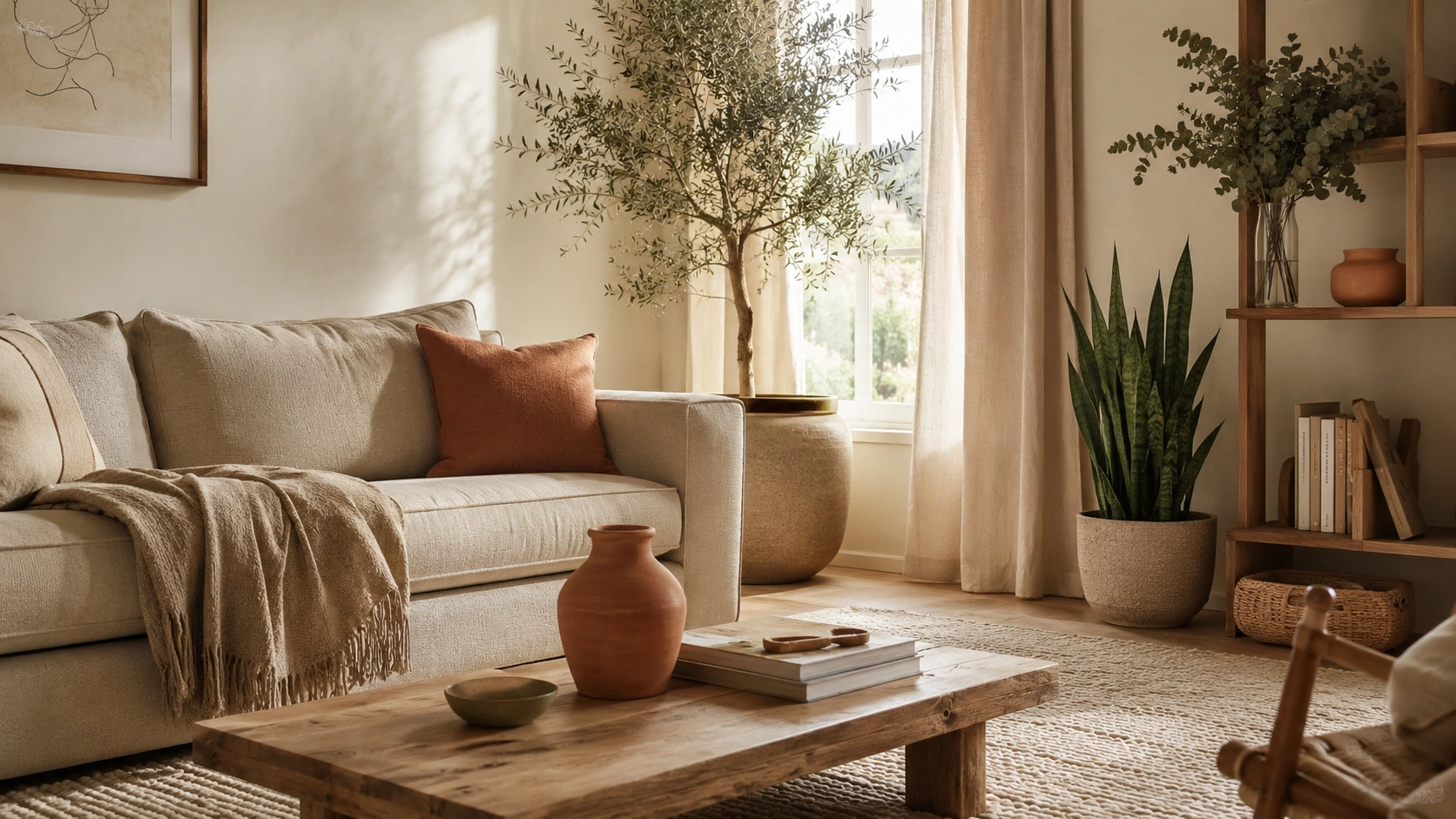 Earthy living room with terracotta accents, sage plants, cream sofa, wood coffee table, and warm natural light.
