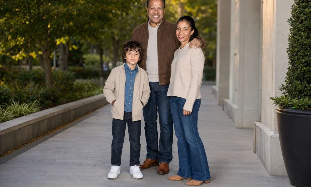 Teruko Nakagami with Billy Dee Williams and family in an outdoor portrait.