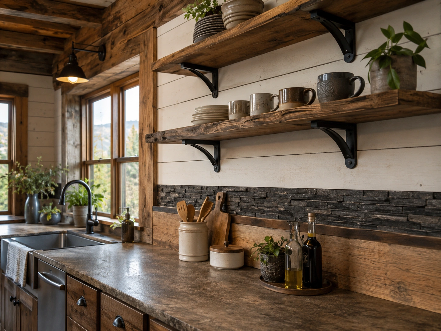 Rustic kitchen with a thin black ledger stone strip used as a horizontal accent band above wood countertops.