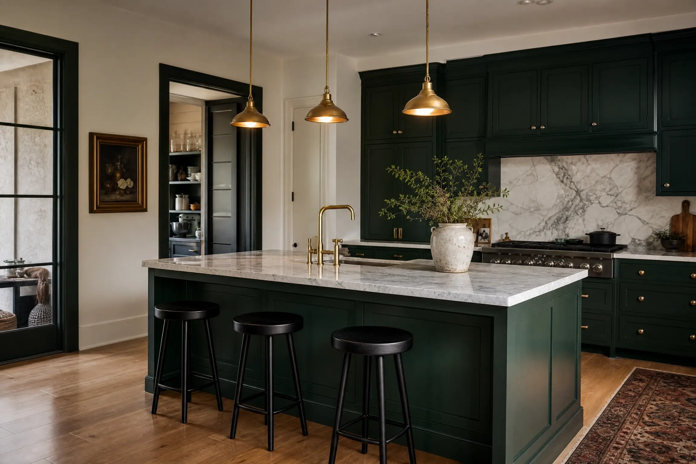 Three brass pendants over a dark green kitchen island with marble countertop and black stools