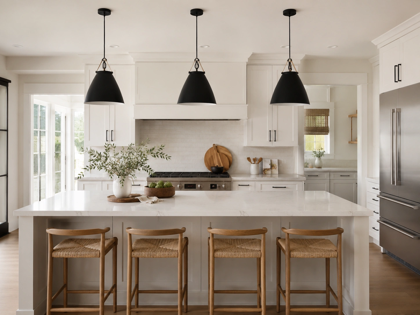 Three black pendant lights hang in a row above a white kitchen island with wood stools.