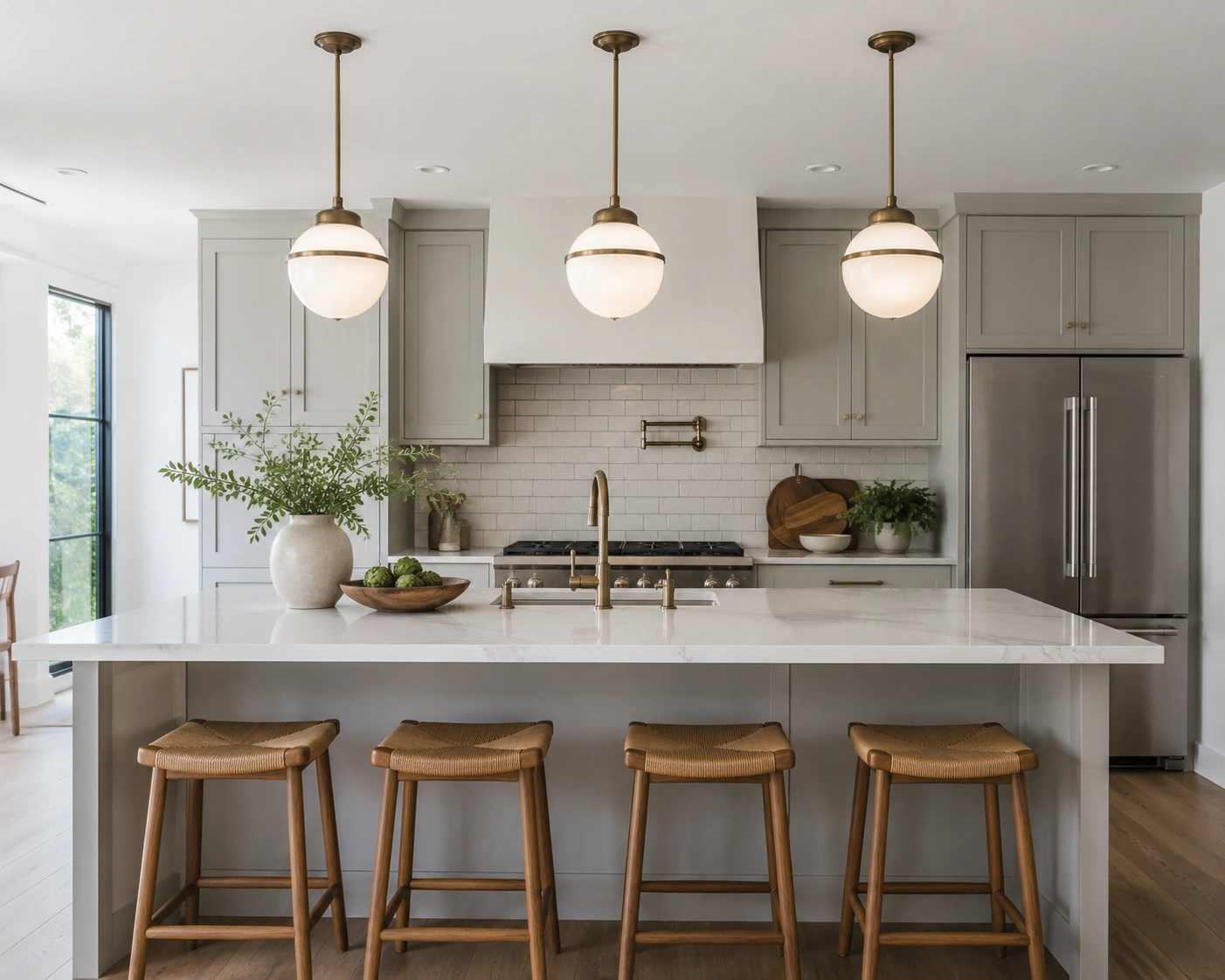 Modern kitchen island with three brass globe pendant lights in a straight row above counter seating.