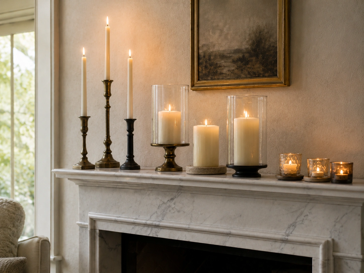 Three-tier candle arrangement with taper and pillar candles on a marble fireplace mantel.