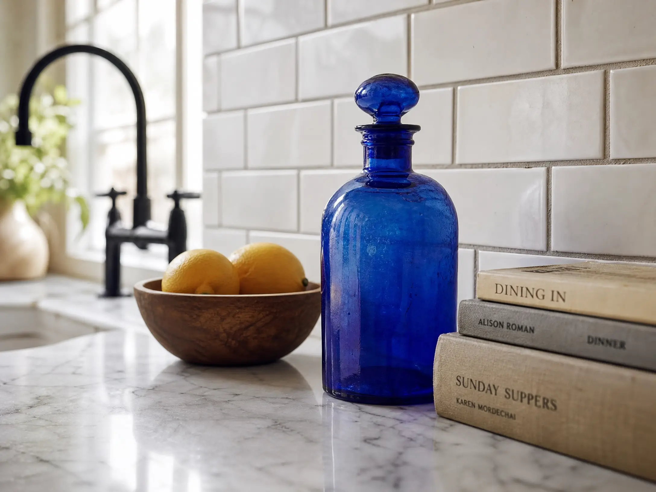 Blue thrifted apothecary bottle styled as kitchen art on a marble counter with cookbooks and lemons.