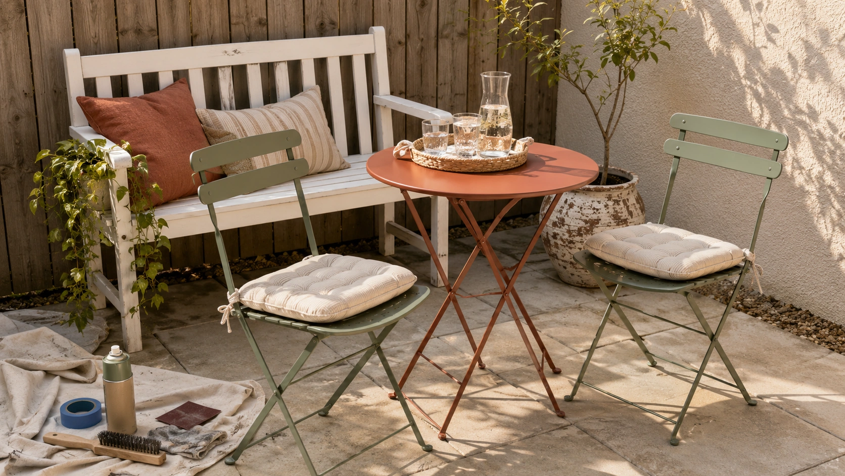 Thrifted patio furniture makeover with sage green chairs, terracotta table, and refreshed white bench.