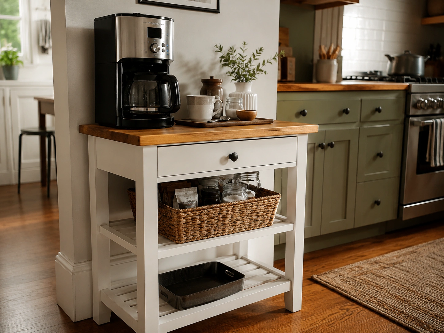 Tiered kitchen cart coffee station with drip coffee maker, wood top, basket storage, and farmhouse kitchen decor.
