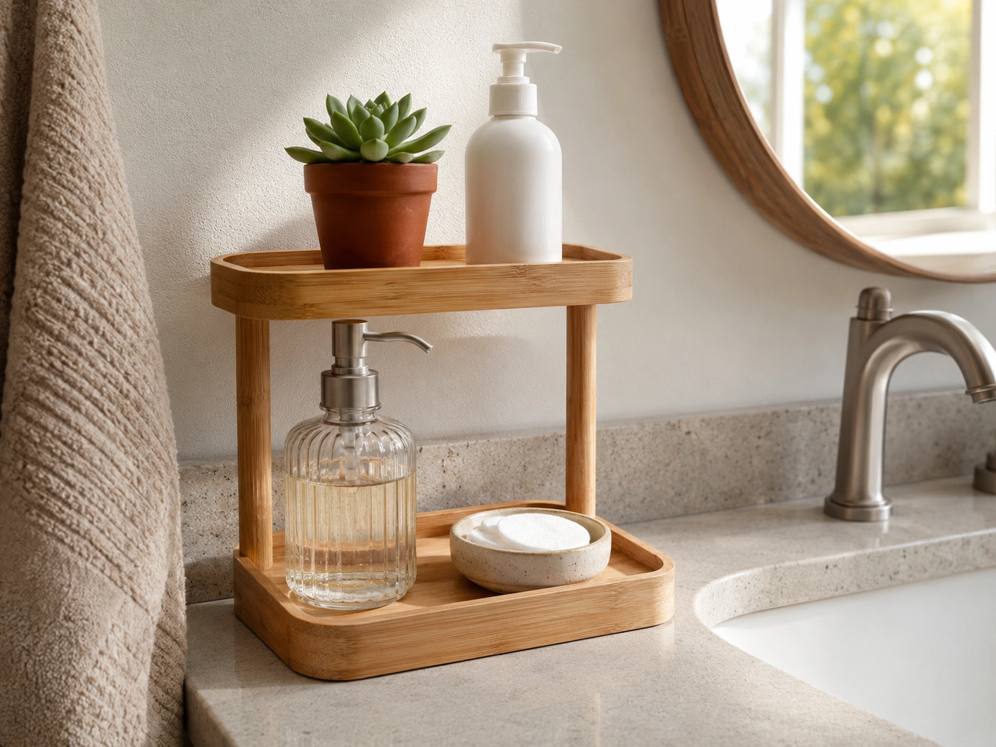 Tiered wooden tray shelf on bathroom vanity with soap dispenser, cotton pads, lotion bottle, and succulent.