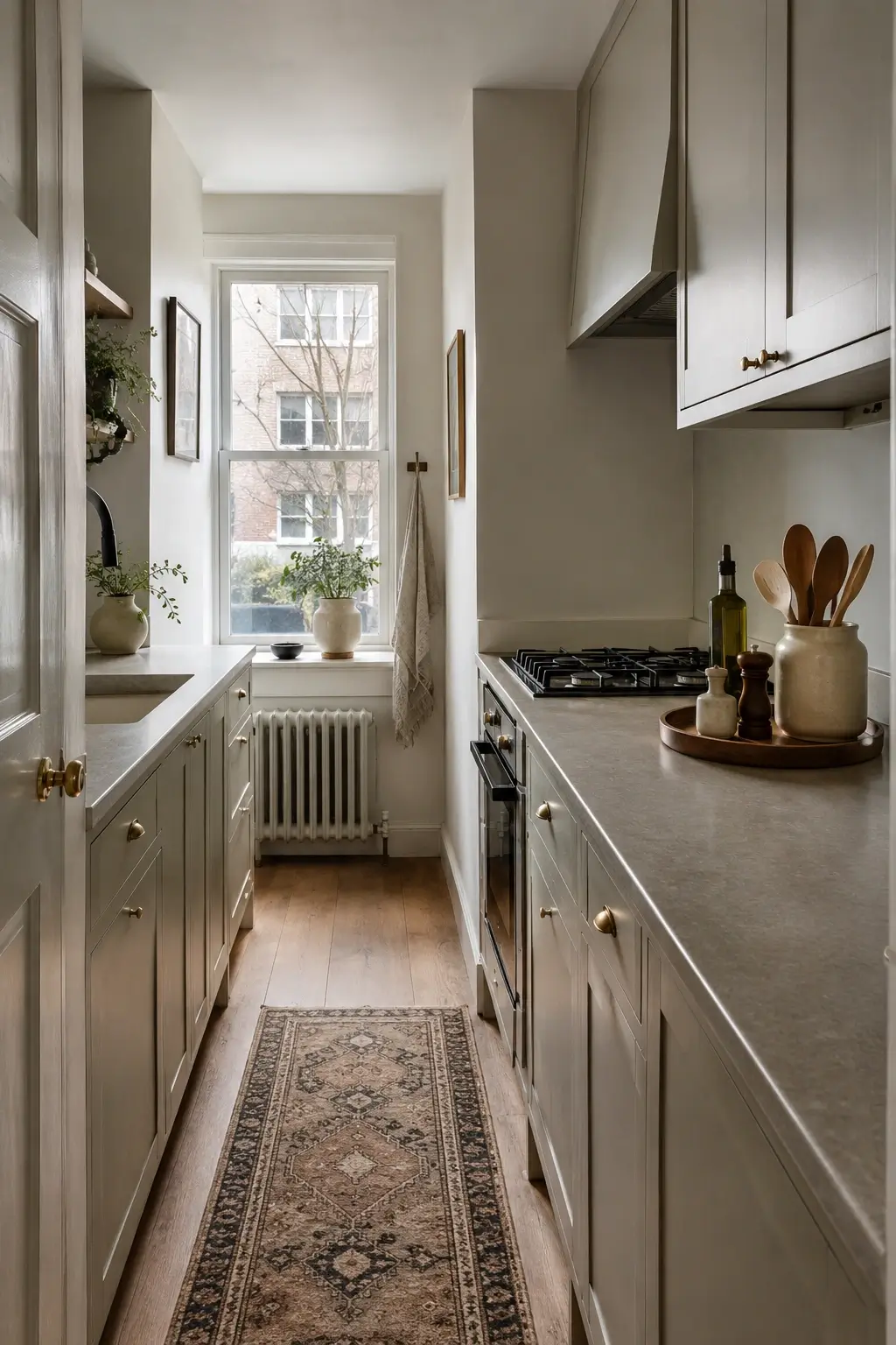 Narrow galley kitchen with a cozy short end wall café shelf idea and warm neutral cabinets.