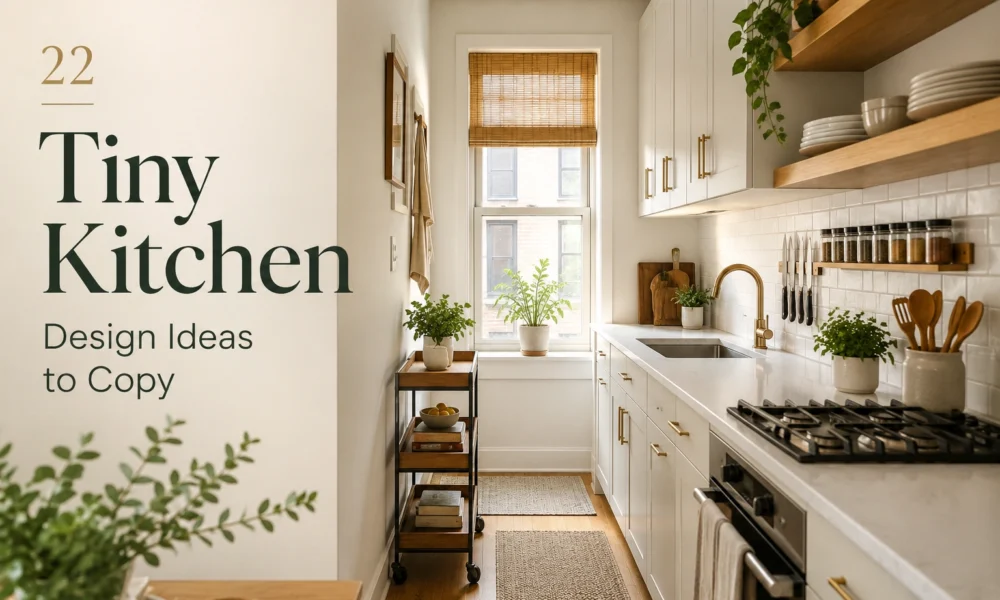 22 Tiny Kitchen Design Ideas showing a narrow white galley kitchen with open shelves and plants