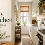 22 Tiny Kitchen Design Ideas showing a narrow white galley kitchen with open shelves and plants
