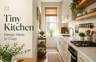 22 Tiny Kitchen Design Ideas showing a narrow white galley kitchen with open shelves and plants