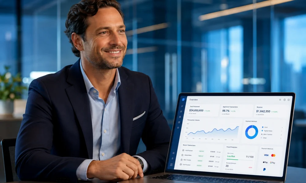 Tom Villante portrait-style business image with fintech payment dashboard