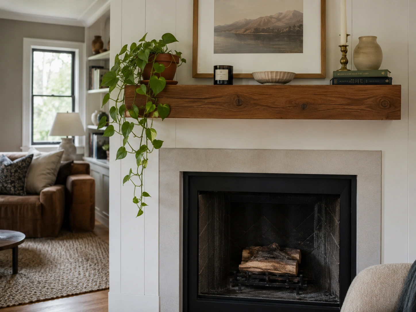 Trailing pothos plant on a wood fireplace mantel with cozy neutral living room decor