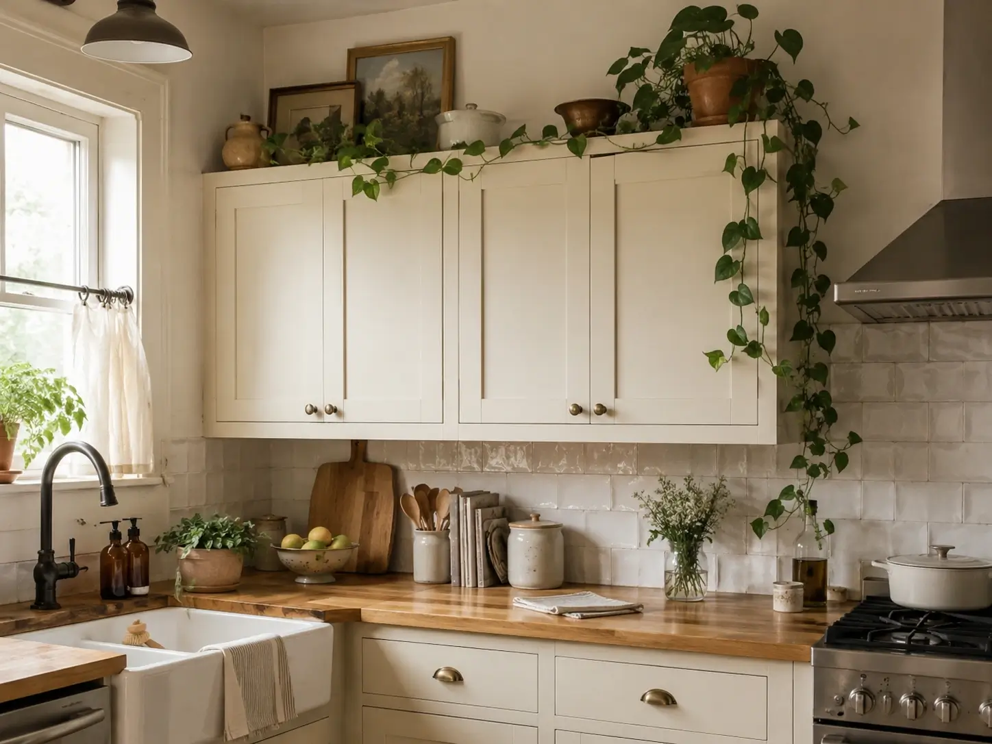 Pothos vines trailing over cream upper kitchen cabinets with vintage decor and warm wood countertops.