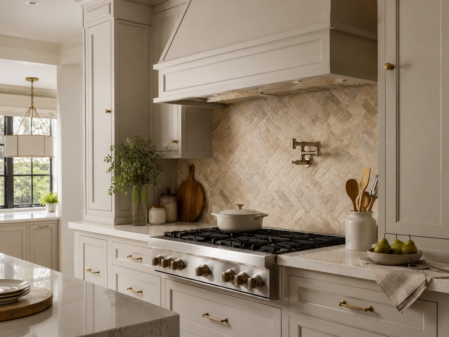 Travertine herringbone backsplash over a gas range in a warm transitional kitchen with cream cabinets and brass knobs
