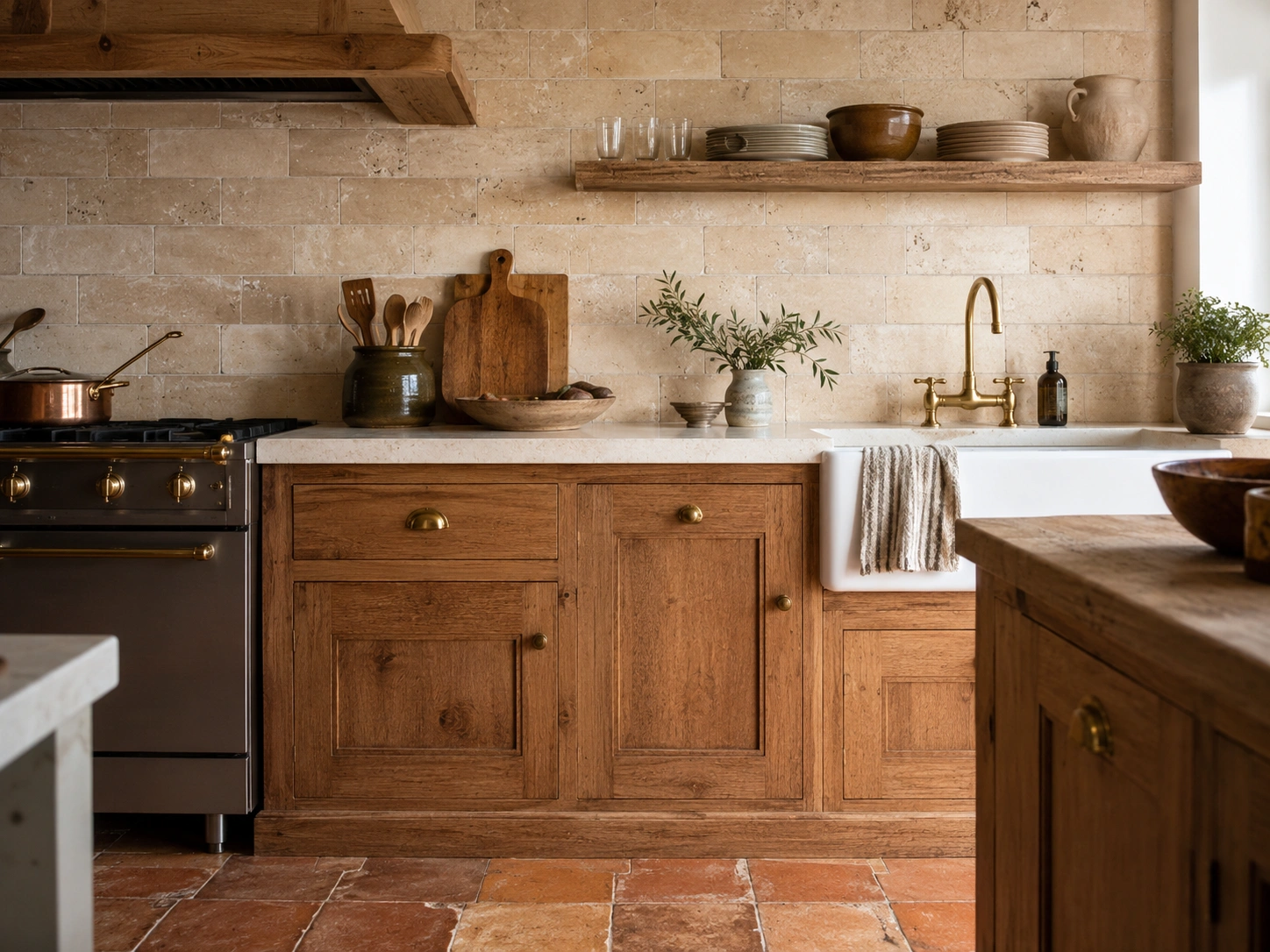 Earthy bohemian kitchen with travertine tile backsplash, wood cabinets, brass faucet, and open shelving.
