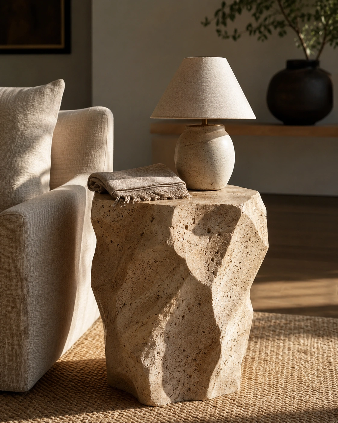 Travertine organic stone side table with ceramic lamp beside a linen armchair in warm light
