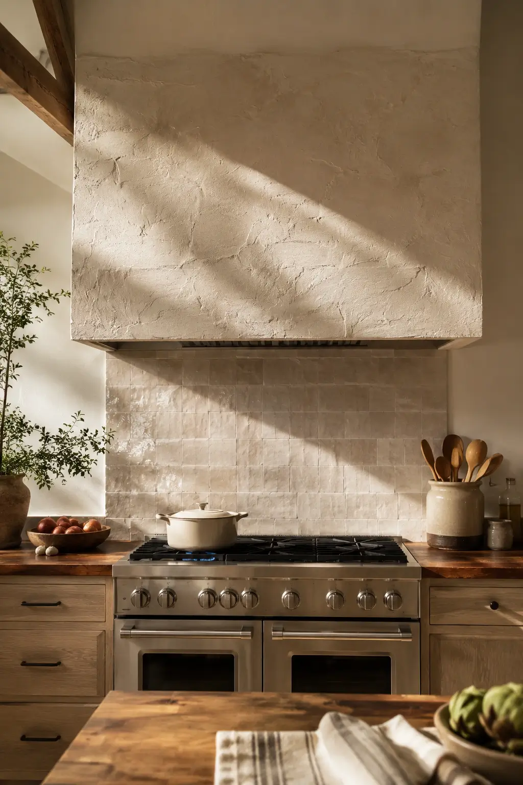 Soft putty plaster range hood with visible hand strokes above a warm artisan kitchen stove wall.