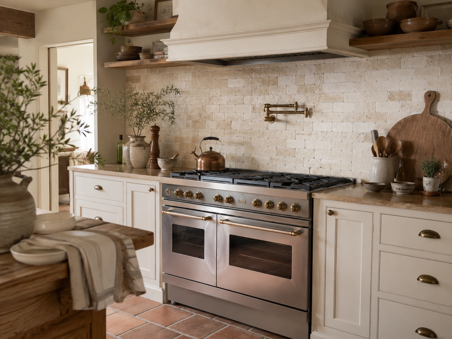 Cream tumbled travertine subway tile backsplash in a warm farmhouse kitchen with brass details.