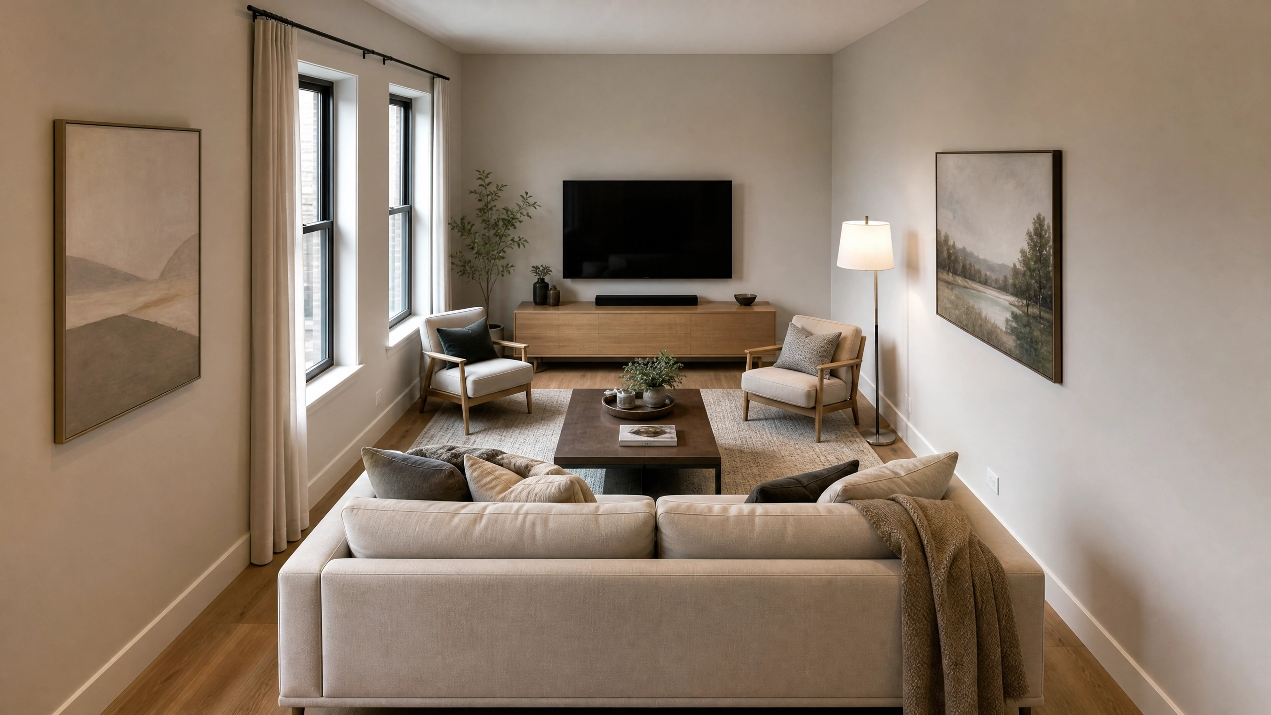 Narrow living room layout with TV on the short end wall and sofa facing it.