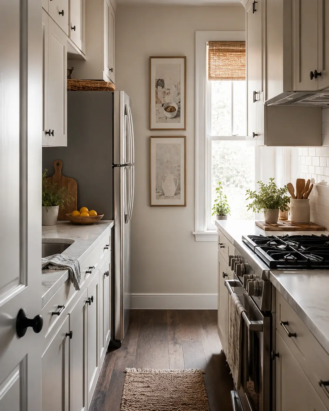 Two framed prints hung vertically on a narrow non-cooking wall in a bright galley kitchen.