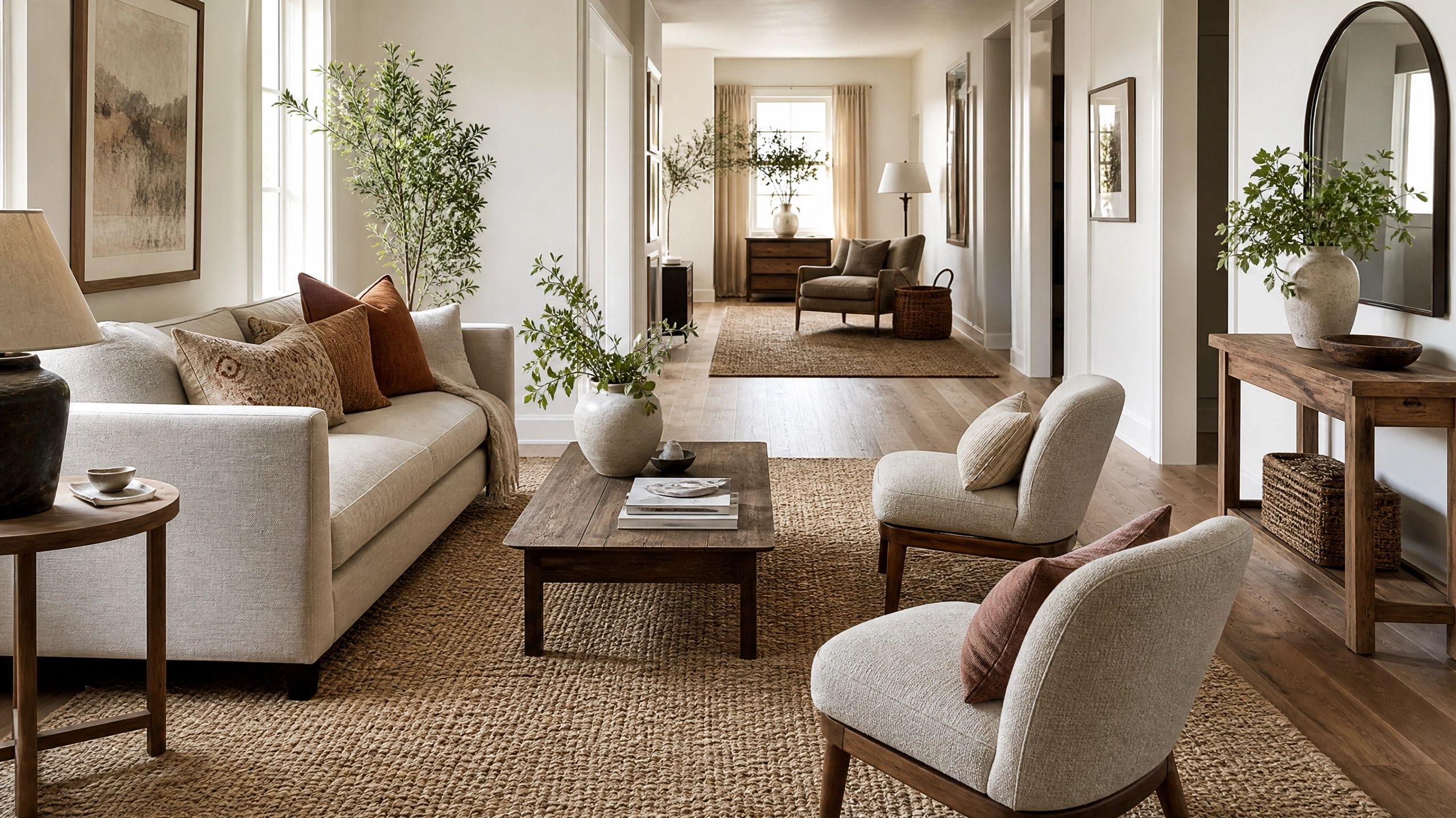 Two rugs defining separate seating and reading zones in a long narrow neutral living room.
