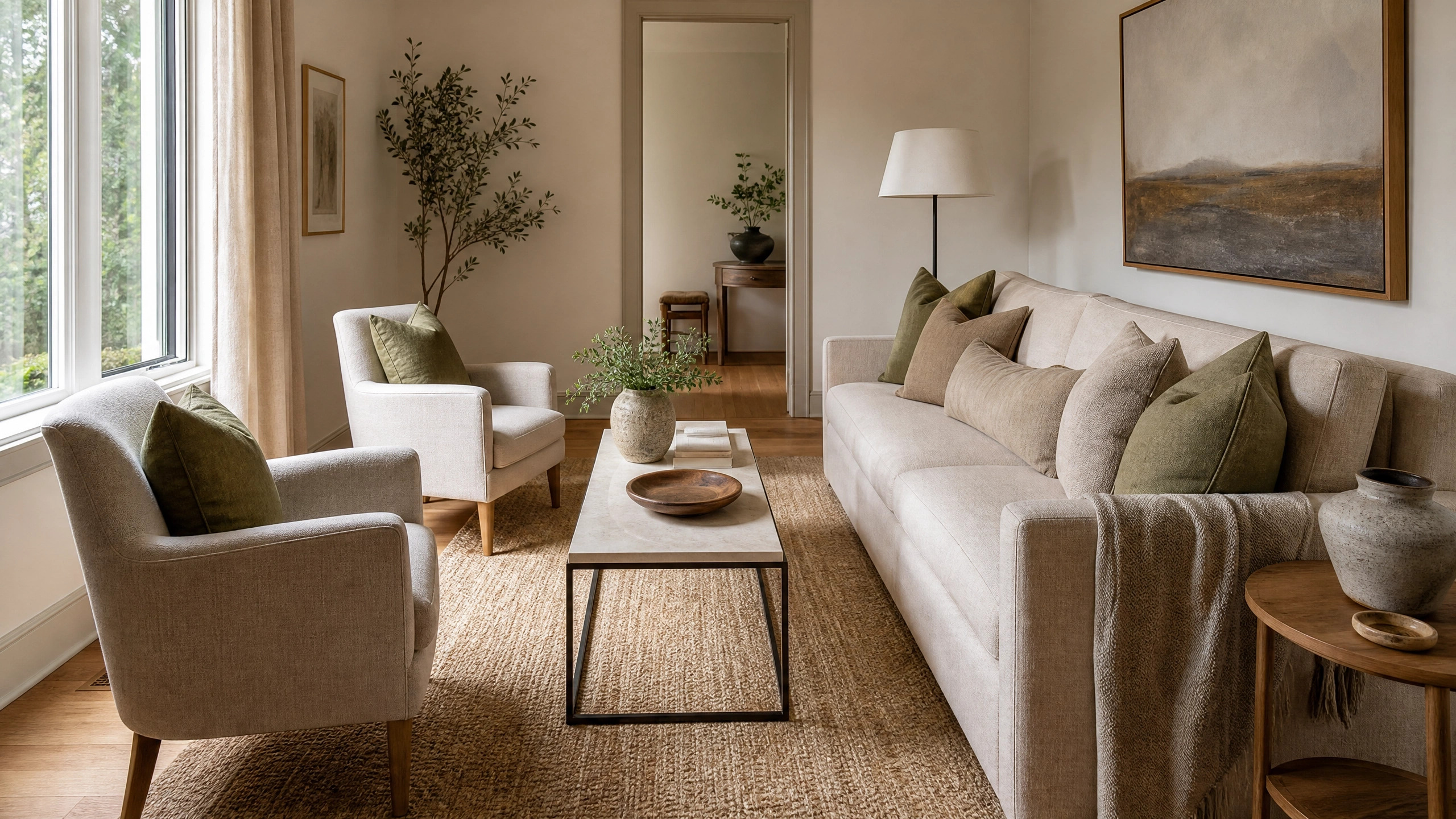 Two slim armchairs facing a beige sofa in a narrow living room with neutral decor and large windows.