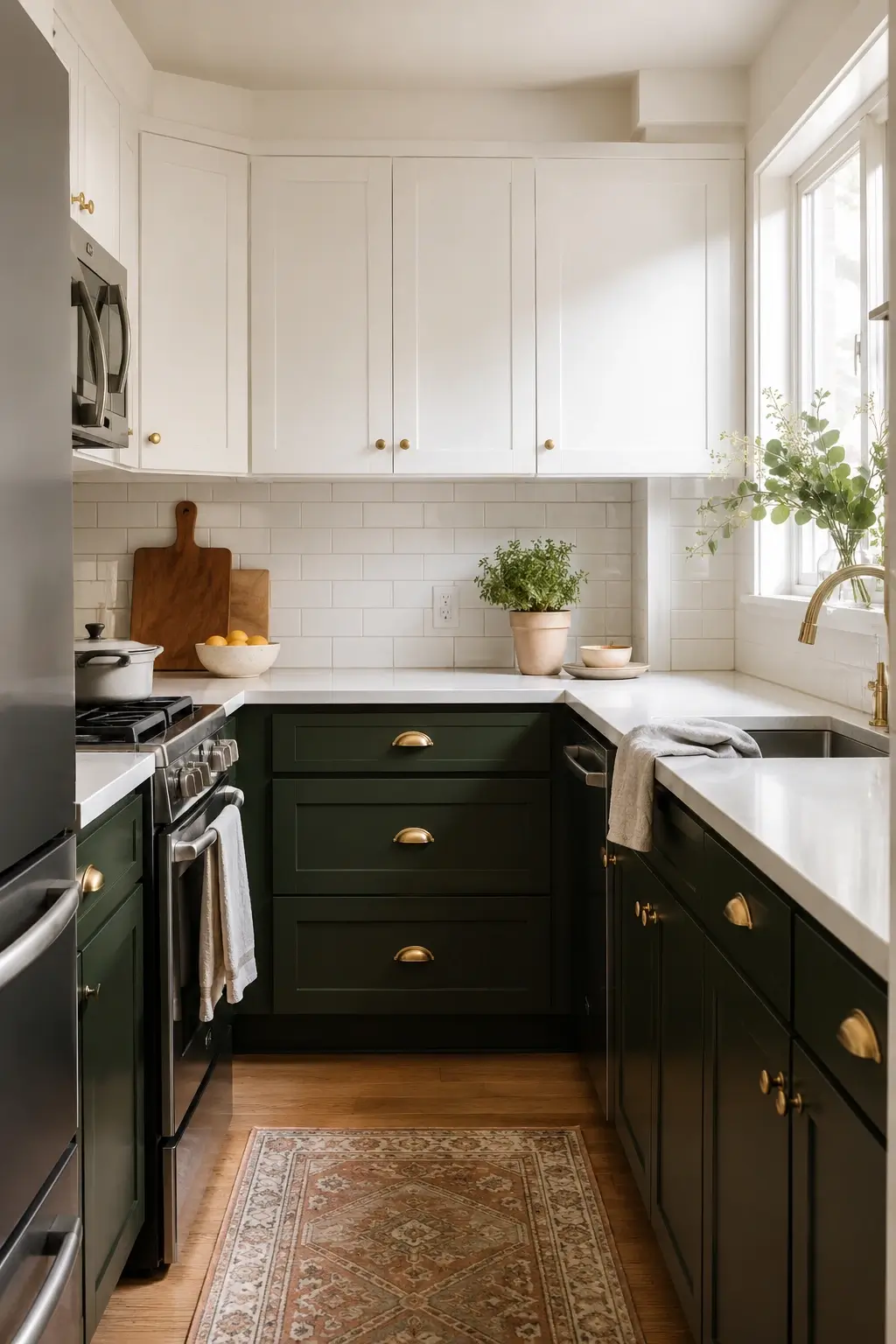Small two-tone kitchen with hunter green lower cabinets, white uppers, brass hardware, and white tile backsplash.